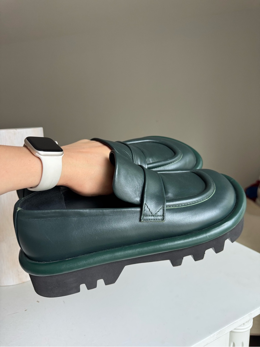 Dark Green Leather Platform Loafers for Women